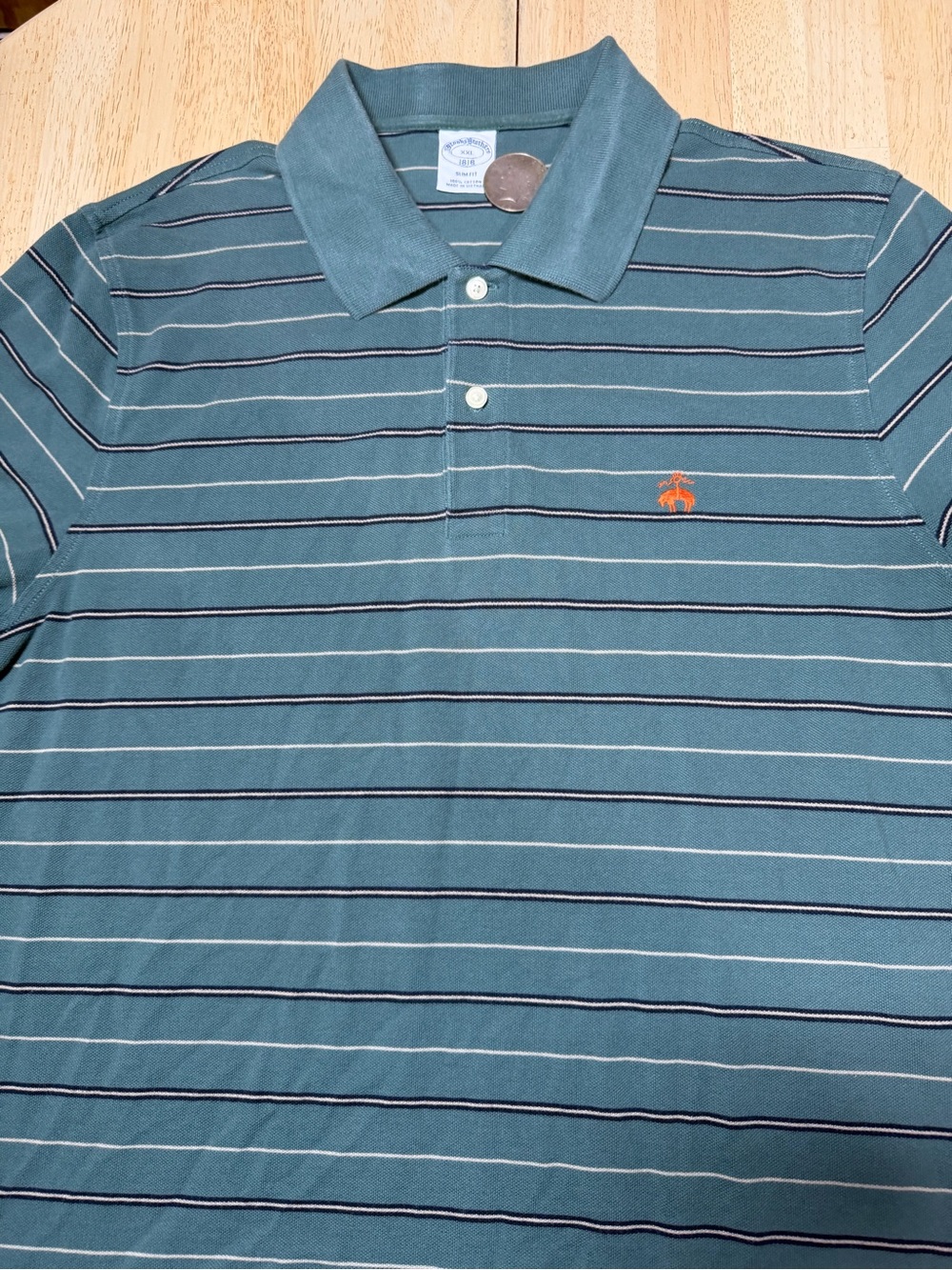 Brooks Brothers Slim Fit Embroidered Green Navy Striped Polo Shirt Mens XXL 2XL
